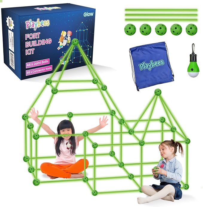 Playbees Glow in The Dark Fort Building Kit – 130 PCS STEM Toy for Kids Ages 4–12 – Build Tents, Castles & Rockets – Creative Building Set & Great Gift
