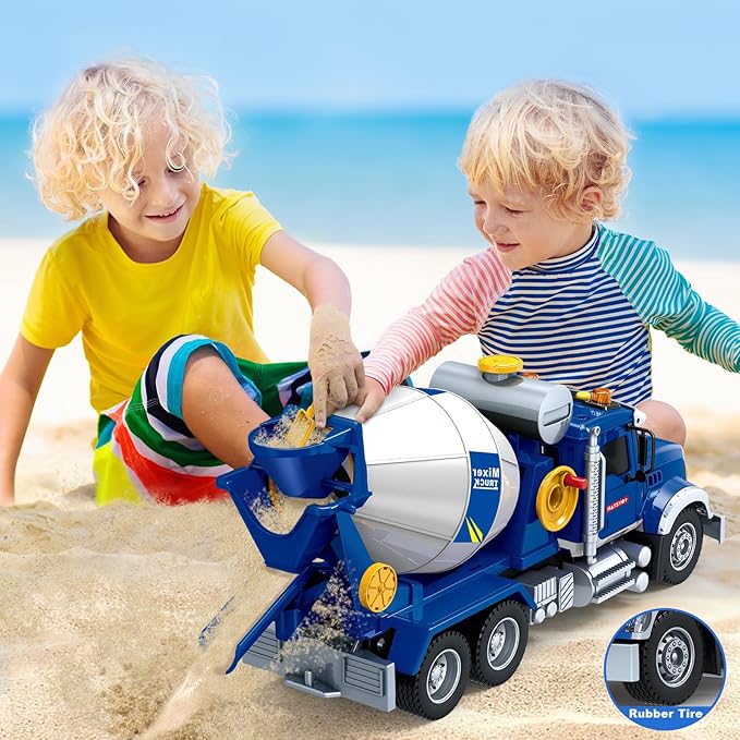 Bstoyder Kids Toys for 3 4 5 6 7 8 Years Old Boys, 15" Large Cement Mixer Truck Toy with Lights, Sounds, Blue Toddler Friction Powered Truck Vehicle Toy for Boys Girls Christmas Birthday Gifts