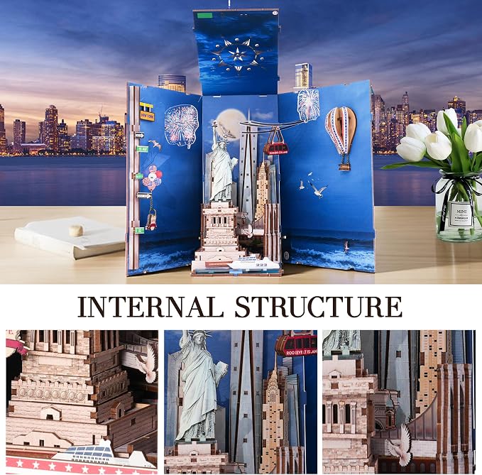 Book Nook Kit, DIY Miniature House Dollhouse Crafts Kit for Adults and Teens, The Statue of Liberty New York Cityline 3D Wooden Puzzle Booknook Build Bookshelf Decor Gifts（Liberty's Legacy）