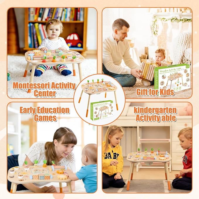 Wooden Activity Table for 1 Year Old Toddlers Sensory Table Activity Center 1-3 2 Baby Activity Table Kids Gift Game Wooden Montessori Table Shape Sorter Sensory Toys (Length*Height: 17"*11.8")