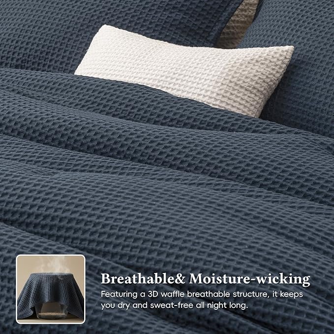 David's Home Waffle Weave Comforter Set 2PCS Twin Size, Soft Breathable Lightweight Cozy Skin-Friendly Warm for All Season, Elegant Aesthetic Home Decor Bedding Set with Pillow Shams, Indigo