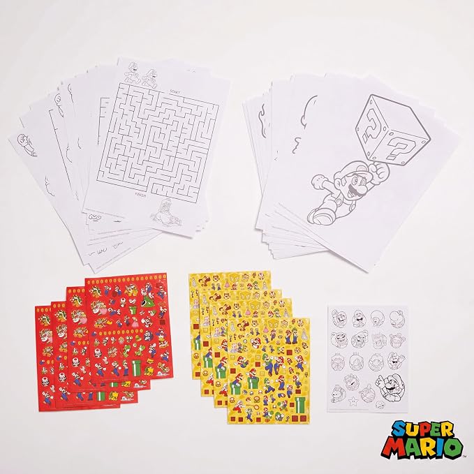 Innovative Designs Mario Brothers Super Mario Deluxe Activity Set with Carrying Tin, Coloring Sheets, Tattoos, Stickers, & Art Supplies | Super Mario Brothers Activity Kit with Mario Coloring Sheets, Stickers, Tattoos, Markers, Crayons, Gel Pens & Carr...
