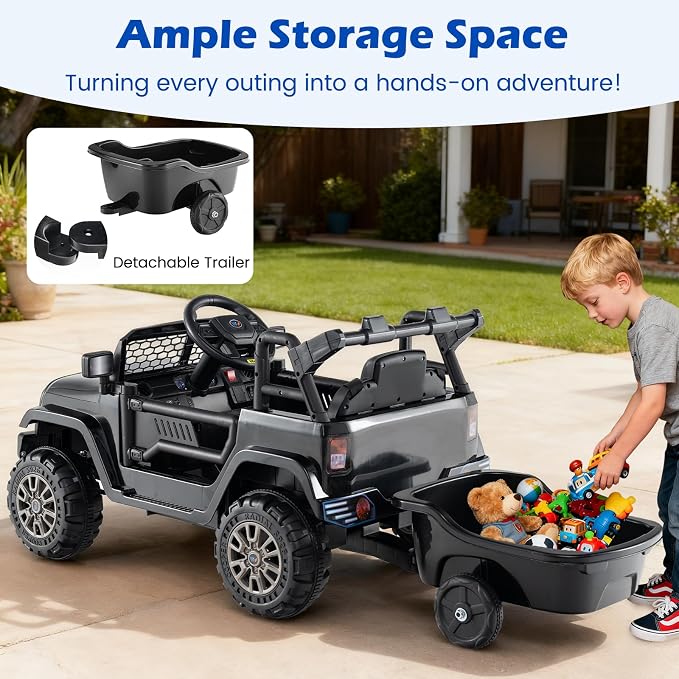 Costzon Ride on Car with Detachable Trailer, 12V Battery Powered Ride on Truck with Parent Remote Control, Light & Music, Electric Vehicle Kids Car Toy for Boys & Girls (Black)