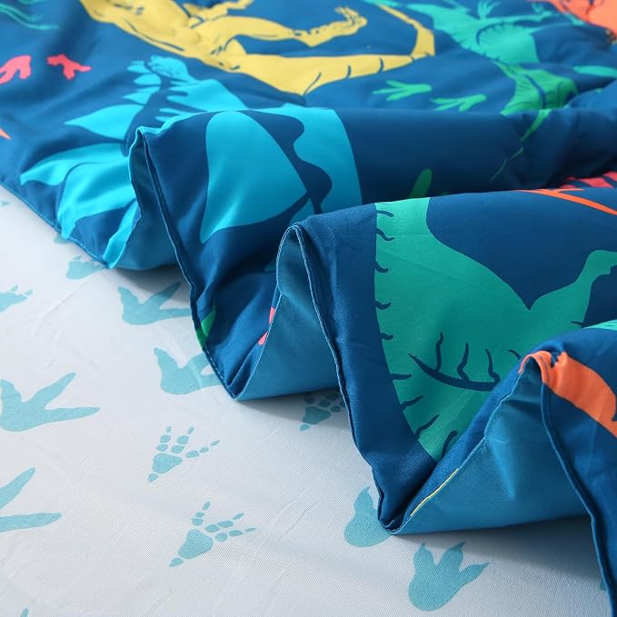 Wajade Boys Dinosaur Comforter Set Bed in A Bag Full Size 7 Piece 3D Blue Dinosaur Print Bedding Set for Kids Teens(1 Comforter, 1 Flat Sheet, 1 Fitted Sheet, 2 Pillowcase and 2 Pillow Sham)