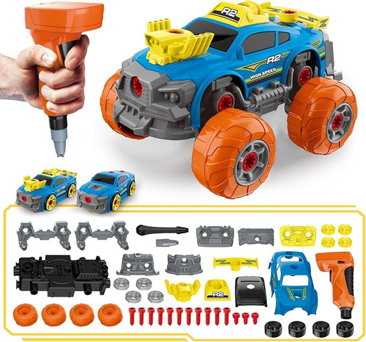Pup Go 3-in-1 Construction Car for Boys Ages 3+ Years Old, Take Apart Car with Electric Drill, 46 Pcs Cars Building Kit, Build Your Own Toy Cars with Tools, Ideal STEM Present for Kids Children(Blue)