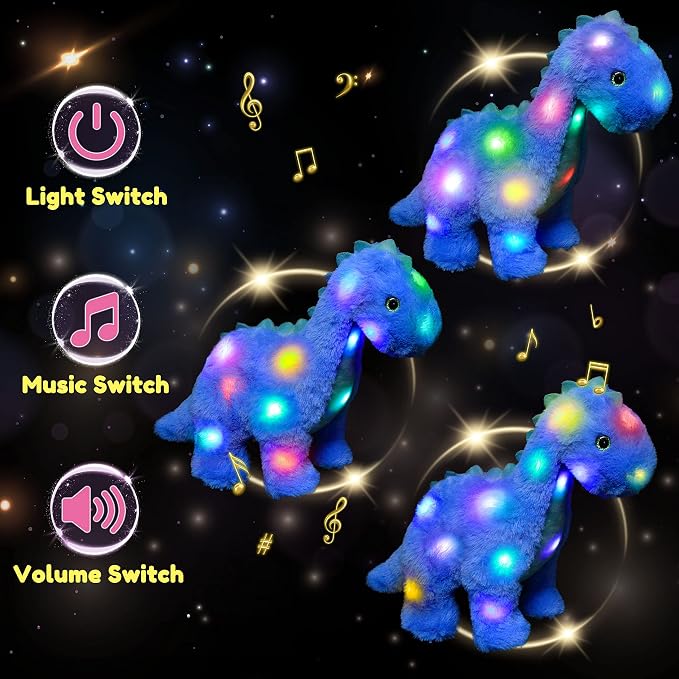 Hopearl LED Musical Stuffed Dinosaur Lighting Up Singing Diplodocus Soft Plush Toy with Long Neck Adjustable Volume Lullaby Animated Soothe Gifts for Kids Toddlers, Blue, 16''