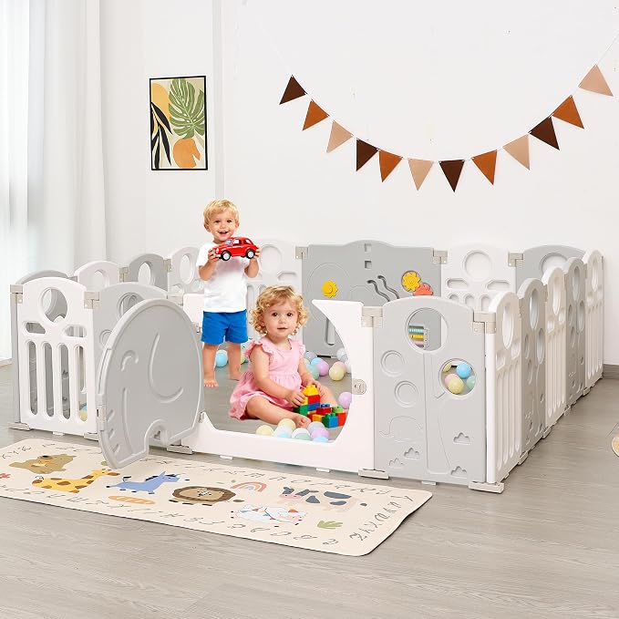Baby Playpen, 18-Panel Foldable Play Pen for Babies and Toddlers, Indoor Outdoor Baby Fence with Sensory Play Panel, Adjustable Shape Activity Play Center, Portable & Easy Assemble