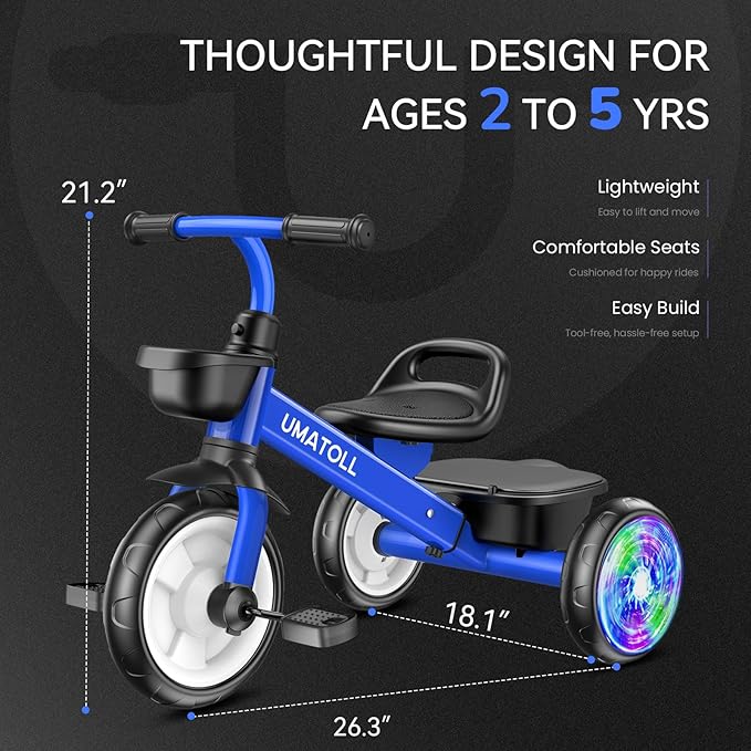 Umatoll Tricycle for Toddlers 2-5 Year Old, Ajustable Toddler Bike Outdoor Toys, Birthday Gift for Boy Girl Age 2-4, Trike with Light up Wheels (Blue)