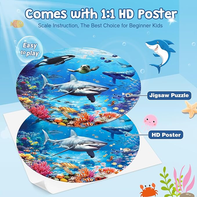 DIGOBAY Underwater Ocean Floor Puzzle for Kids Ages 4-6, Shark Toys for Boys Girls, 70 Pieces Large Jigsaw Shark Puzzles for Kids Ages 4-8, Educational Ocean Animals Toys for Birthday Christmas