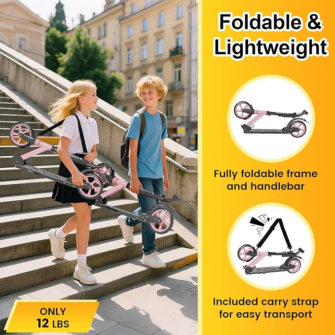 SIMATE Kick Scooter for Kids Teens & Adults, 4 Adjustable Heights, 8IN All Terrain Big Wheels, Dual Brakes & Dual Suspension, Foldable and Lightweight, Gifts for Girls Boys
