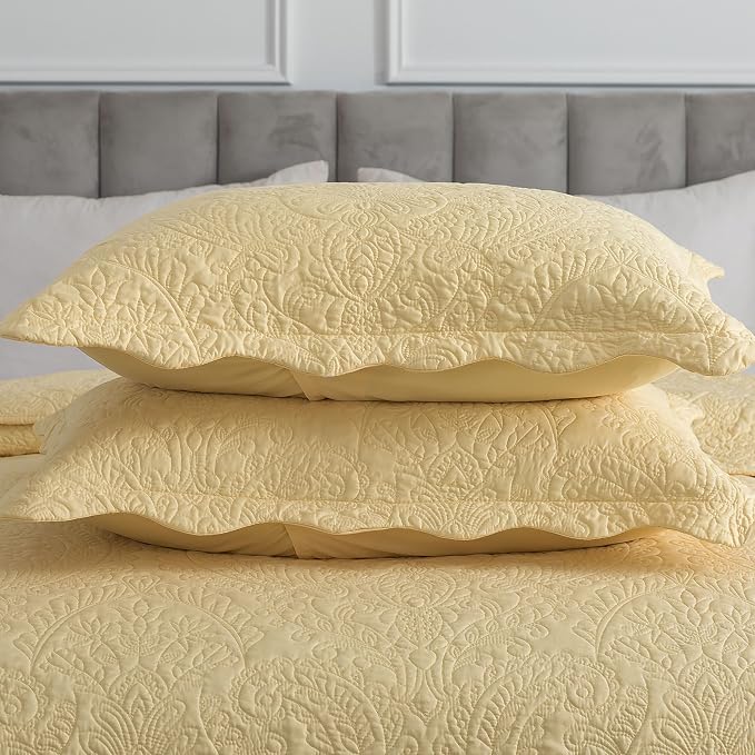 HoneiLife Queen Size Quilt Sets - 3 Piece Queen Quilt Bedding Set Microfiber Quilt Set Lightweight Bedspreads Reversible Coverlets Retro Bed Cover Floral Bedding Set All Season Quilts-Yellow