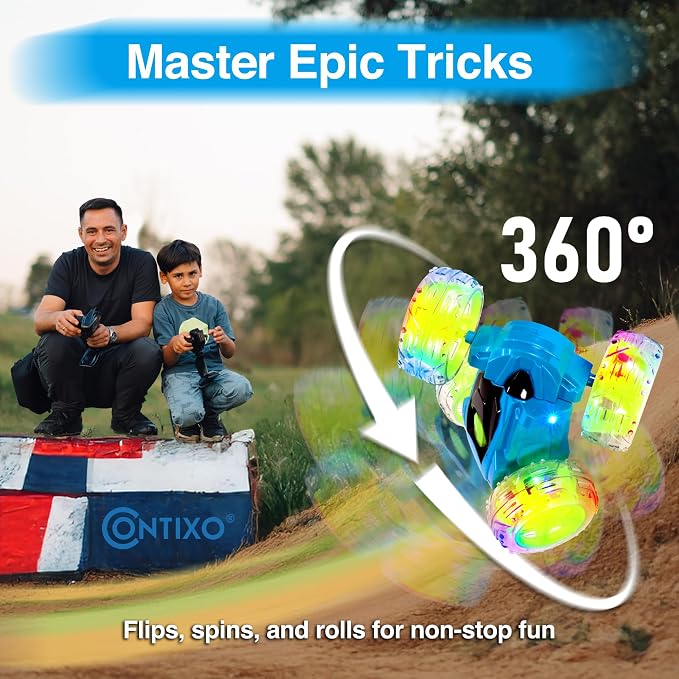 Contixo SC3 RC Stunt Car, Blue 2.4GHz 4WD Double-Sided 360° Rotating flip Racer Remote Control Toy Cars with LED Lights for Kids Girls Boys Age 4-12 Birthday Gift