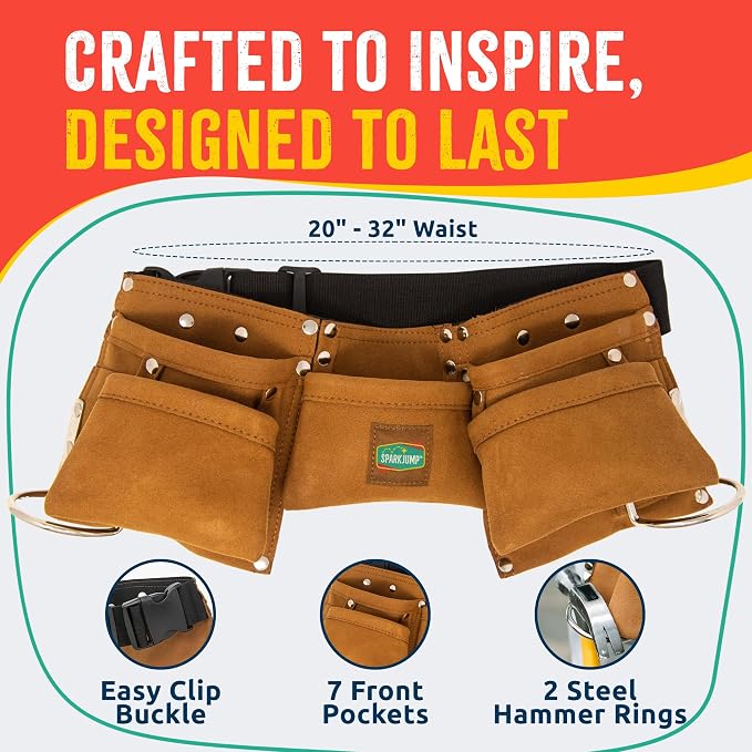 SparkJump Kids Brown Tool Belt, Adjustable Tool Belt for Toddlers and Kids, Dress-Up Construction Costume for DIY Woodworking and STEM Learning