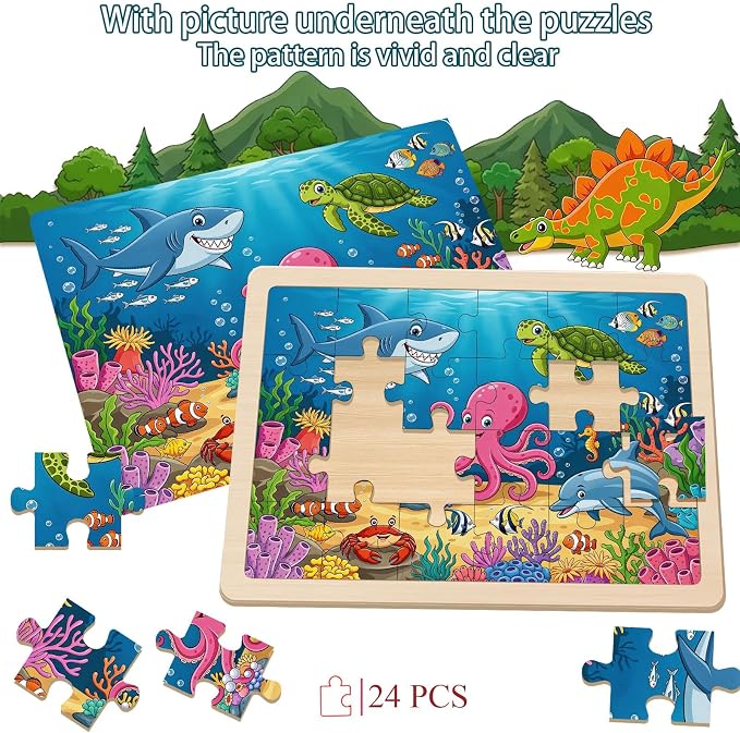Wooden Puzzles for Kids Ages 4-6, Set of 4 Packs with 24 Piece Wooden Jigsaw Puzzles Preschool Educational Learning Toys Gifts for 3 4 5 6 Boys Girls