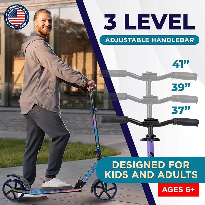 Outdoor Cruiser Kick Scooter for Ages 6+, for Kids, Teens, and Adults, Max Load 250 LBS, Foldable, 8-inch Big Wheels, Dual Suspension, 3 Adjustable Levels, Child Safety Approved, Purple