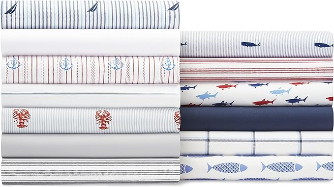Nautica - King Size Sheets, Cotton Percale Preppy Bedding Set, Crisp & Cool, Lightweight & Breathable (Skippers Island Light Blue, King)