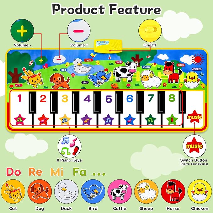 M SANMERSEN Piano Mat - 53" x 23" Musical Mat 8 Animals Sounds Dance Mat for Kids Touch Play Dancing Mat Toy Gifts for 1 2 3 4 5 6 Year Old Girls Boys Toddlers