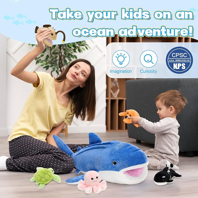 MaoGoLan 6Pcs Whale Shark Stuffed Animal with 5 Sea Animals Inside - Bulk Ocean Plush Toys Stuffed Orca Turtle Anglerfish Crab Octopus, Kids Party Favors Summer Christmas