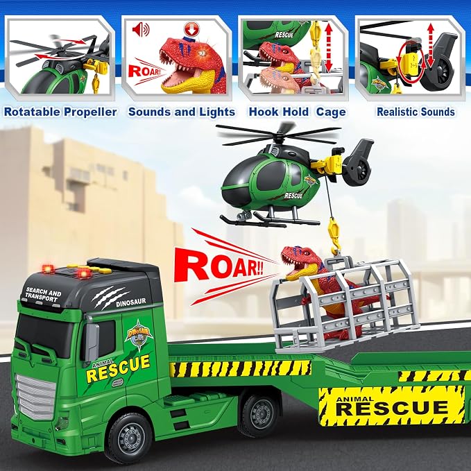 SpringFlower Toddler Truck Boy Toys, Large Dino Truck Toy with Helicoper and Dinosaur, 3 in 1 Boy Toy for 3 4 5 6 7 Year Old, Christmas Birthday Gifts for Kids 3 4 5 6 Years Old