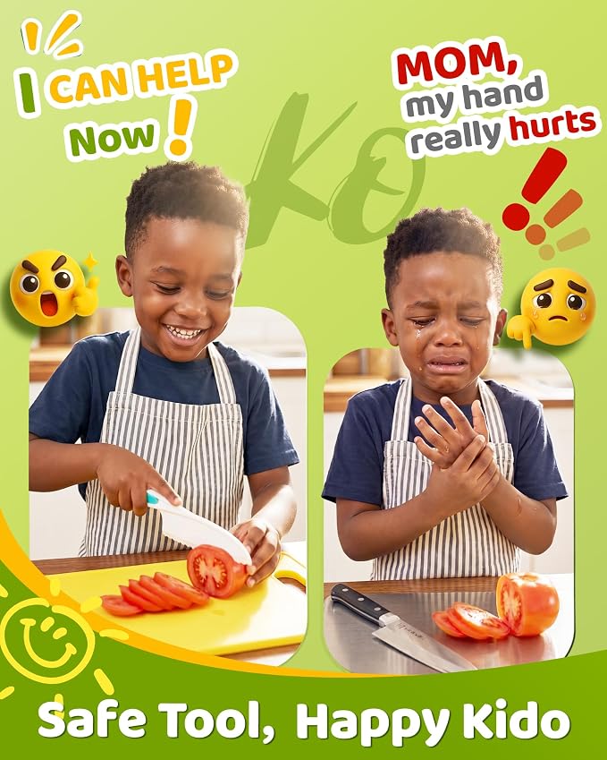 Kids Knife Set for Real Cooking, 5 Pcs Kid Safe Plastic Kitchen Knife Set with 3 Knives and 2 Cutting Boards, Montessori Cooking Set for Kids