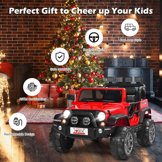 Costzon 2-Seater Ride on Truck, 12V Battery Powered Electric Vehicle Toy w/Storage, Remote Control, 3 Speed, LED Lights, MP3, Horn, Music, 2 Doors Open, Spring Suspension, Ride on Car for Kids (Red)