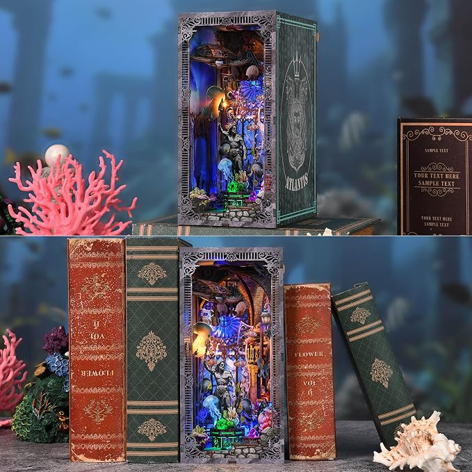 fifijoy Book Nook Kit - Atlantis DIY Miniature House Dollhouse Kit for Adults and Teens, 3D Wooden Puzzle Bookend Bookshelf Insert Decor with LED Light, Gifts for Family and Friends