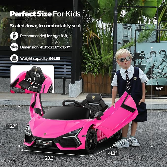 ELEMARA Licensed Lamborghini Car for Kids to Drive with Scissor Door,Toddler Ride on Toys with Remote Control,12V Battery Car for Kid with Bluetooth,MP3 Player,LED Light and Wide Seat, Hot Pink