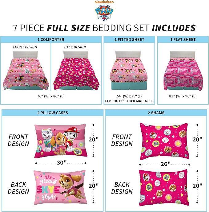 Paw Patrol Girls Kids Bedding Super Soft Comforter And Sheet Set With Sham, 7 Piece Full Size, (Official) Nickelodeon Product By Franco