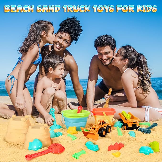 HUITEM Beach Sand Toys for Kids Sandbox Toys with 2 Collapsible Bucket Sand, 2 Dump Truck, Dinosaur Molds, Sand Castle Kit, Shovel Sieve,Flags,Mesh Bag Travel Beach Toys for Toddler 3-10
