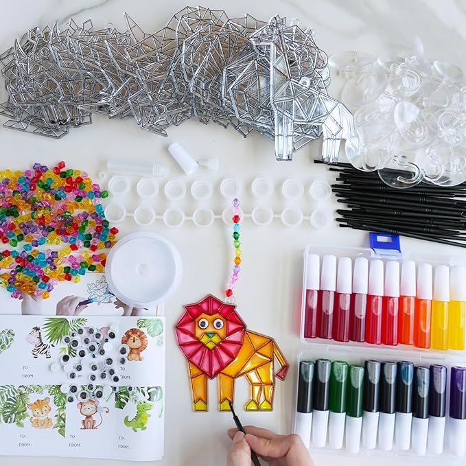 Winlyn 24 Sets Jungle Animal Suncatcher Decorations DIY Window Paint Art Craft Kits Safari Animal Sun Catchers Rainbow Painting Kit for Kids Classroom Activities Summer Camping VBS Party Art Project