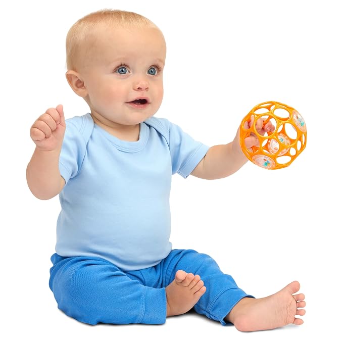 Bright Starts Oball Rattle Ball, Easy-Grasp Infant Rattle with Finger Holes, Orange, 0-36 Months