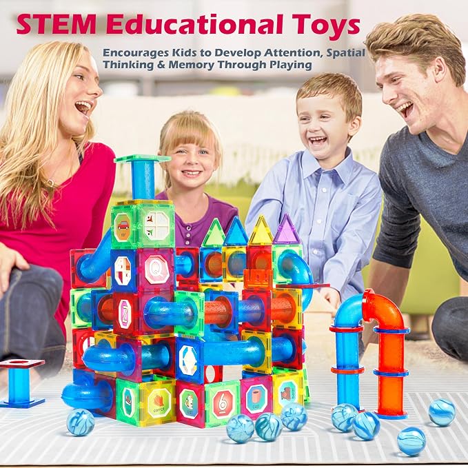 MAGBLOCK 176pcs Magnetic Tiles Marble Run Set with Ball Run Race Track for Ages 8+, Magnetic Building Blocks Magnet Game, Stem Educational Gifts Kids Toys for Girls & Boys Promoting Focus