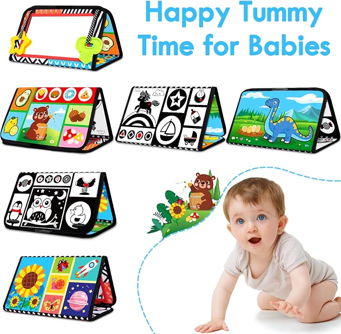 Aboosam Tummy Time Baby Mirror Toys 0-6 6-12 Months - Montessori Infant Toys Brain Development with Crinkle Cloth Book and Teether - High Contrast Newborn Sensory Toys for Babies Boys Girls Gifts
