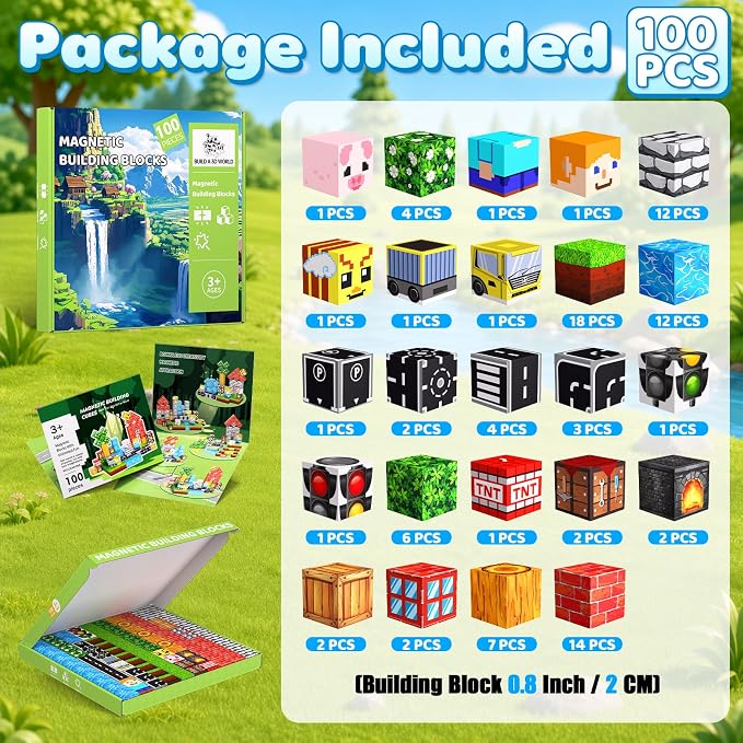 100PCS Magnetic Blocks, 0.8 inch Magnetic Building Cube Set for Kids Ages 3+, Constructions STEM Stacking Tiles Toy Building Birthday Gifts for Boys Girls