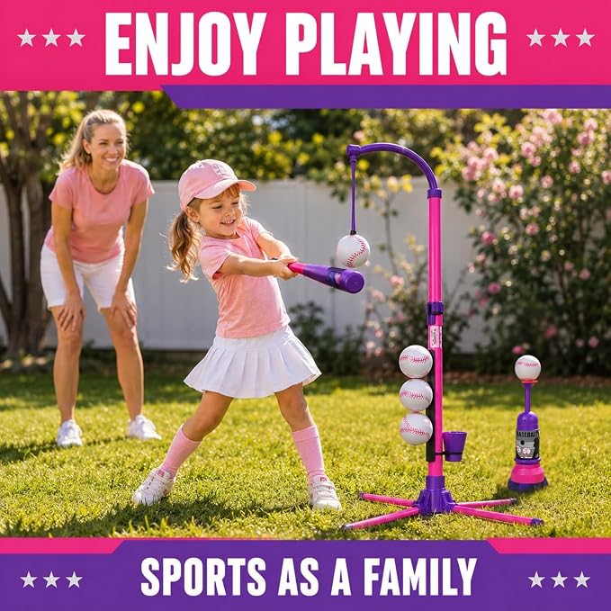 3-in-1 Baseball Set for Kids and Toddlers Ages 3-5 – Includes Tee Ball Stand, Hanging Tee, Automatic Ball Launcher, and 6 Softballs – Adjustable Height for Indoor/Outdoor Play – Sports Gift for Girls