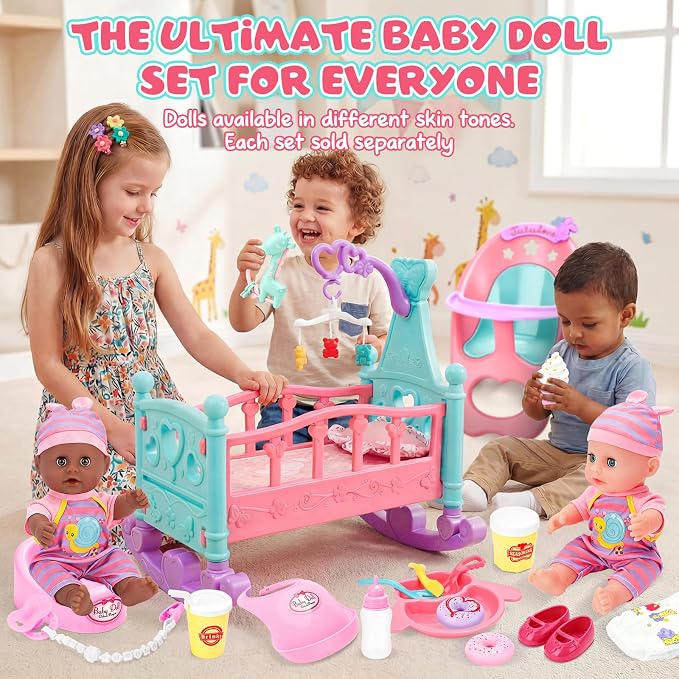 deAO 12” Baby Doll Play Set with Crib, Mobile, High Chair Feeding Accessories, Interactive Dolls for Girls Kids Pretend Play Baby Dolls 21 PCS