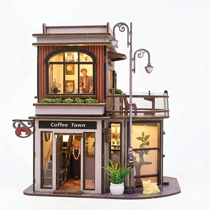 DIY Book Nook Kit, DIY Miniature House Wooden Coffee Shop Dollhouse with LED Light, 3D Wooden Puzzle for Adults & Teens Creative Bookshelf Decor, Craft Hobby Gift