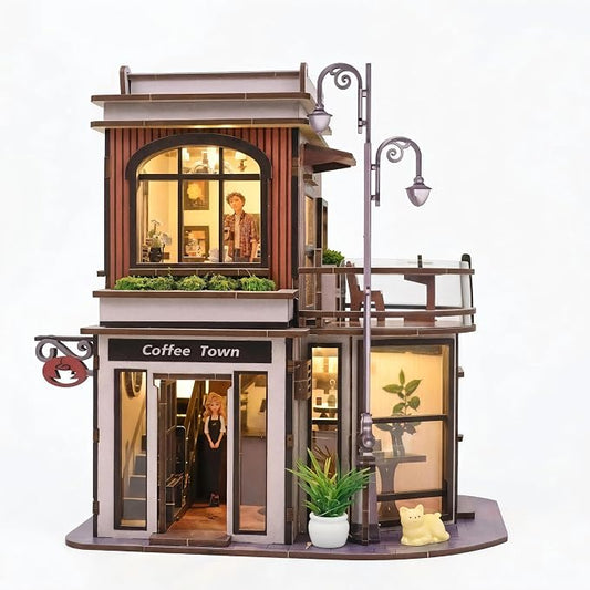 DIY Book Nook Kit, DIY Miniature House Wooden Coffee Shop Dollhouse with LED Light, 3D Wooden Puzzle for Adults & Teens Creative Bookshelf Decor, Craft Hobby Gift