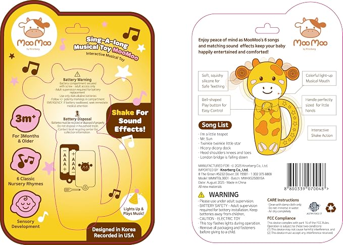 MooMoo Baby Musical Toy, 4‑in‑1 Light‑Up Sensory Toy & Teether for 3–24 Month Babies, BPA‑Free with Easy‑Grip Handle, Cute Cow‑Shaped Travel Toy for Car Seat & Stroller (Yellow)