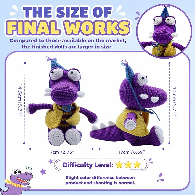 Knitting & Crochet Kit for Beginners - Easy Learn to Crochet Animal Kit, Knitting Crocodile Amigurumi Starter Kit with Step-by-Step Instructions Manual Holiday Birthday Crochet Gifts(Purple, 2 Pack)