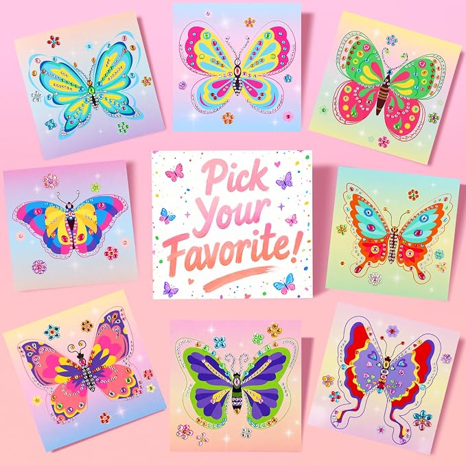Marlrin Butterfly Gem Crafts for Girls Ages 4-8, Diamond Art Kit for Kids | 8 Pack Easy Gem Sticker Arts, 1000+ Gems, Peel & Stick No Mess, Hang & Display Stand, Party Favor, Birthday Gift for Girls