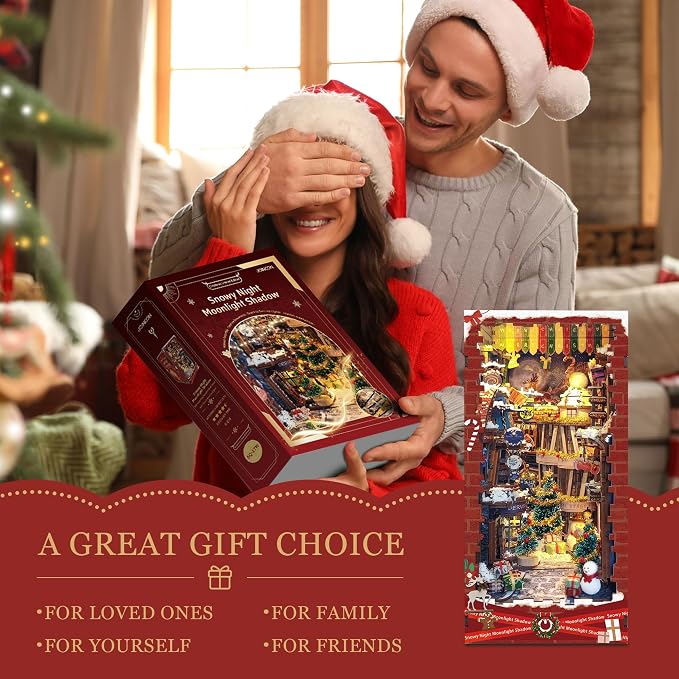 DIY Book Nook kit - Christmas Style Miniature House Kit Bookshelf Insert Decor, 3D Wooden Puzzle with LED Dust Cover, Gift for Adults Teens Birthdays - Christmas Snow Night