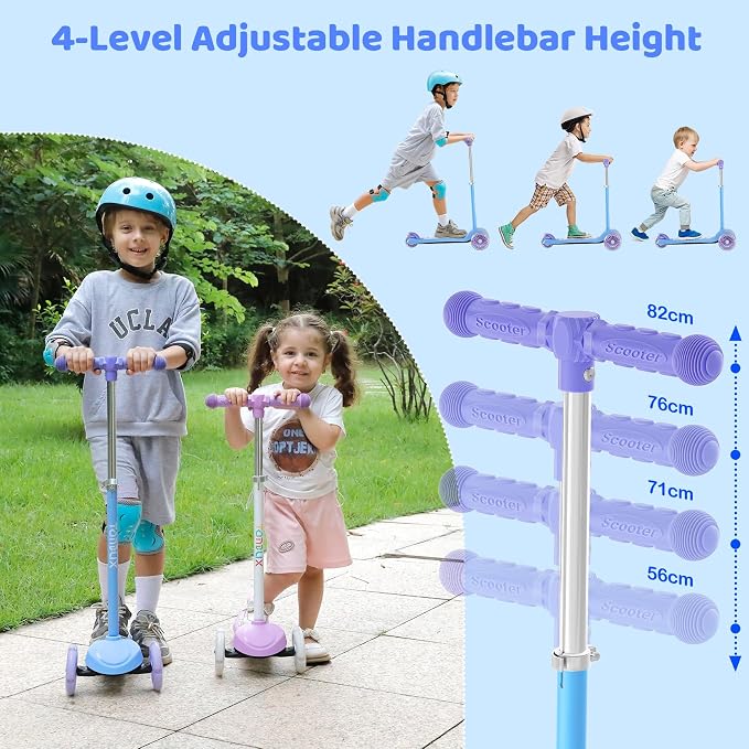 TONBUX Kids Scooter for Ages 3-5, Toddler Scooter with Light-Up Deck and Wheels, Adjustable 4-Level Height 3-Wheel Scooters for Kids, Lean-to-Steer Design