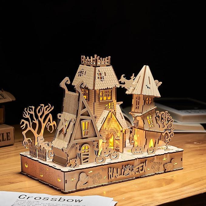 3D Wooden Puzzles Halloween House Kits Includes Light Strip, Brainteaser and Puzzle for Halloween/Birthday,Gifts for Adults and Teens to Build Combination