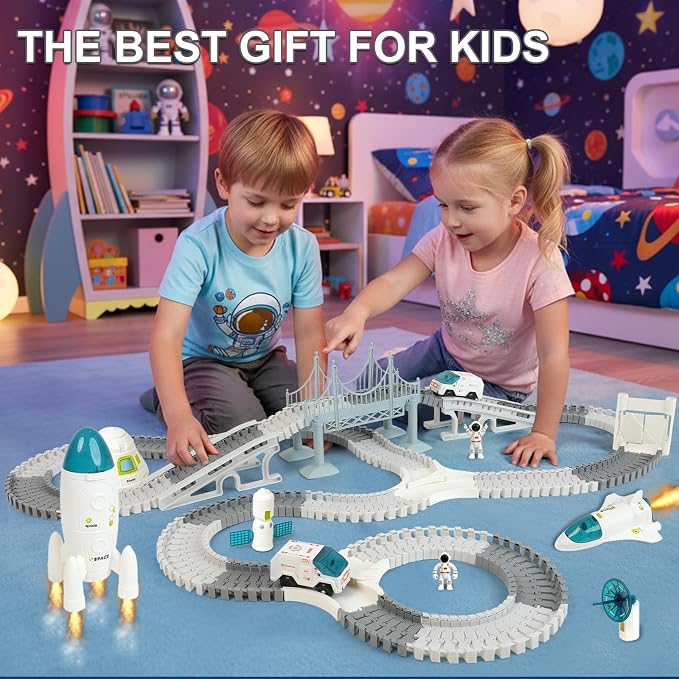GIAT Race Car Tracks Set - Birthday Gift for 3 4 5 6 7 Year Old Boys, 290+ PCS Flexible Train Track Kit for Kids, Interactive Toy with Cars and Rocket