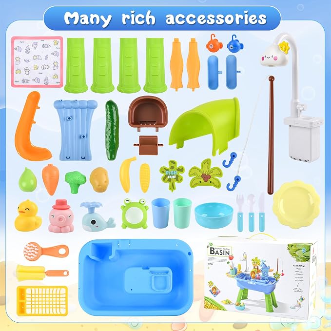 Upgraded Toddler Sand Water Table Toy with Electric Water Pump, Kids Sand Water with Faucet/Play Food Accessories/Fishing Toy, Kitchen Play Sink Toys for Girl Boy Age 3+ (Blue)