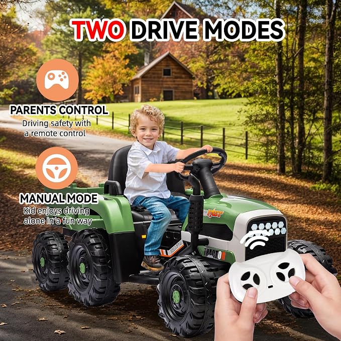 24V Ride on Tractor with Trailer, 400W Electric Car for Kids, Toddler Ride On Toy W/Remote Control, 3 Speed Adjustable, MP3, Bluetooth, LED Light, Green