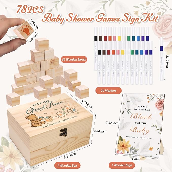 78 PCS Shower Games Sign Kit for Boys Girls, Wooden Box and Sign, Blank Wooden Blocks for DIY Drawing, Markers, Shower Game for Gender Reveal Activity, Shower Ideas Decorations, Bear D