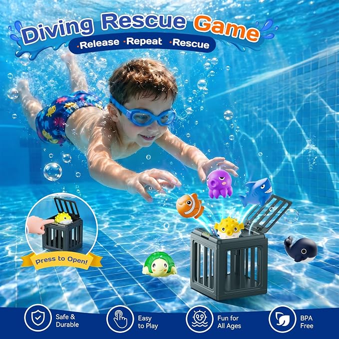 Pool Summer Diving Toys for Kids, Underwater Swim Game Set with 6 Floating Sea Animals & 6 Dive Cages, Summer Water Swimming Pool Toys, Bath, Beach, Fun Birthday Gift for kids(6 Sea Animals )