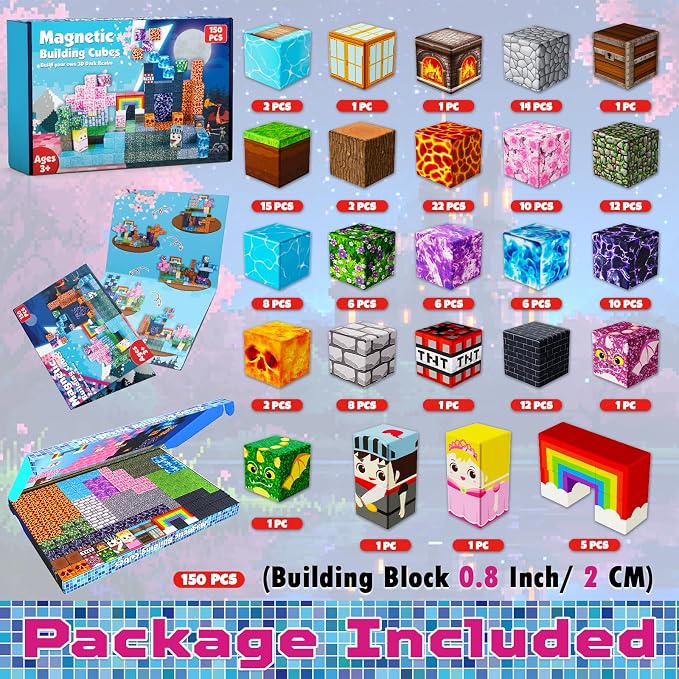 Magneverse 150 PCS 0.8in Magnetic Blocks - Magnet Toys, Magnetic Building Blocks Cubes, Stacking Magnets, Birthday Gifts for Age 3+ Years Old (Theme: Princess & Knight)
